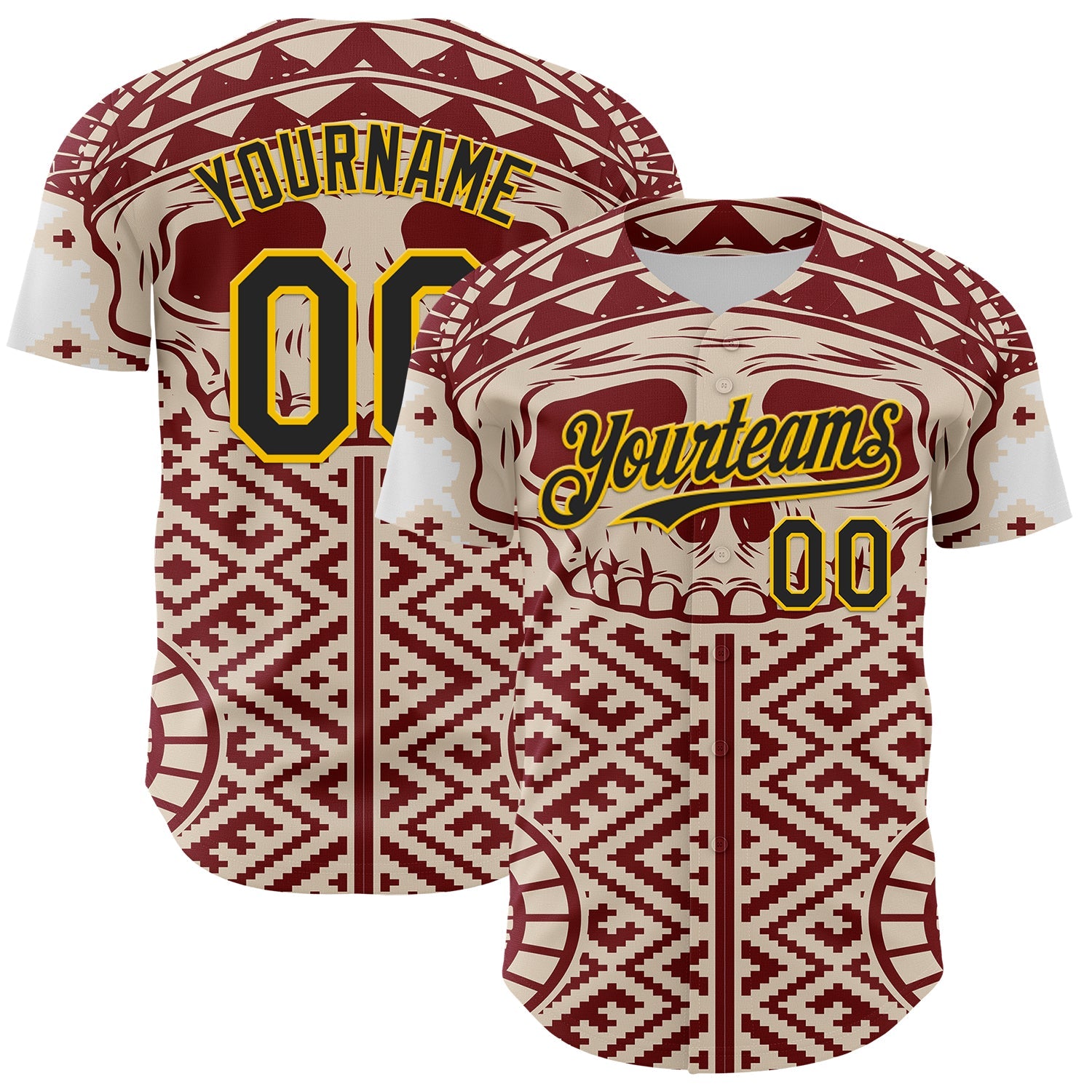 Custom Cream Black Red-Yellow 3D Pattern Design Burner Costumes Tribal Skull Authentic Baseball Jersey - Main View
