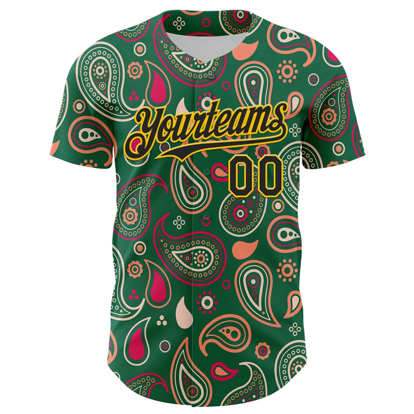 Custom Kelly Green Black-Yellow 3D Pattern Design Burner Costumes Paisley Bandana Authentic Baseball Jersey view 2
