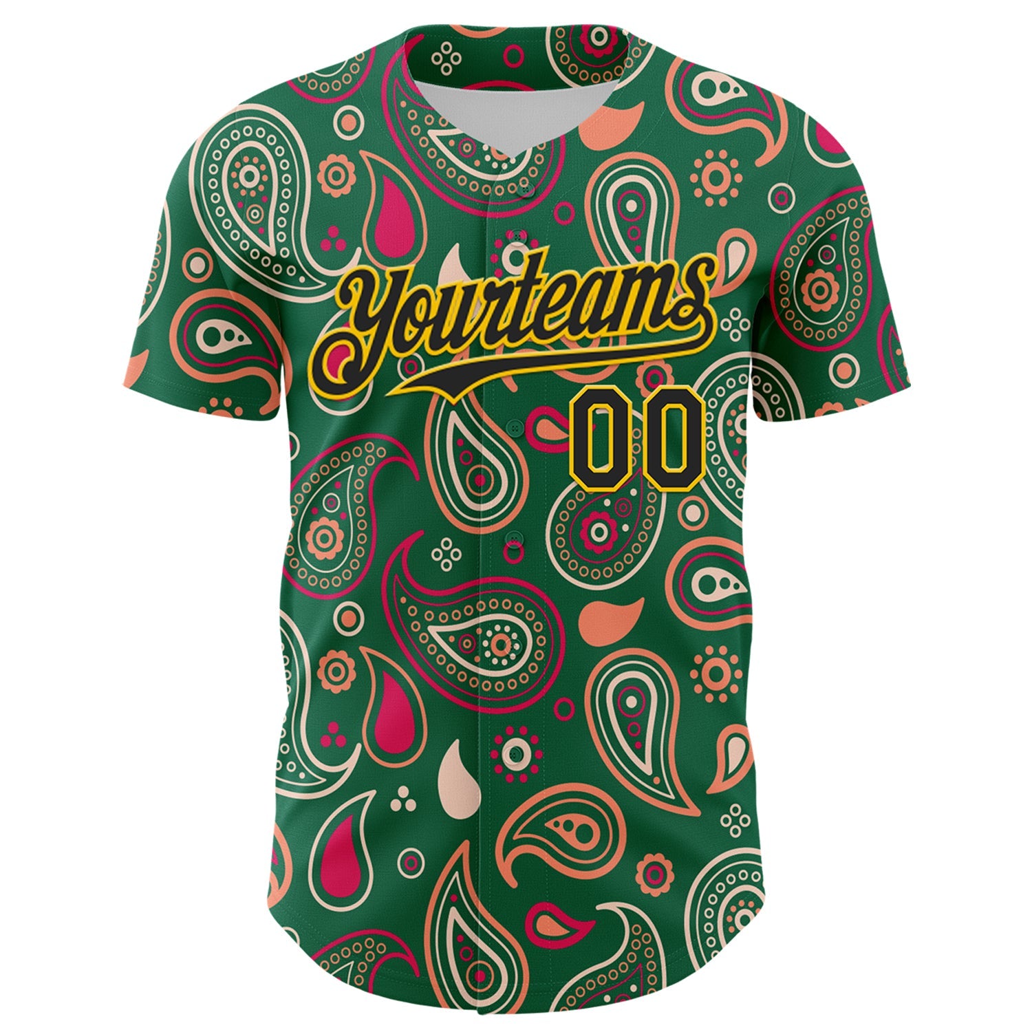 Custom Kelly Green Black-Yellow 3D Pattern Design Burner Costumes Paisley Bandana Authentic Baseball Jersey view 2