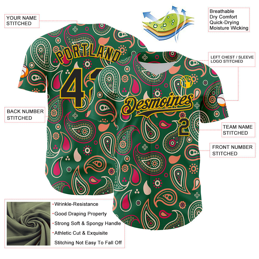 Custom Kelly Green Black-Yellow 3D Pattern Design Burner Costumes Paisley Bandana Authentic Baseball Jersey view 3