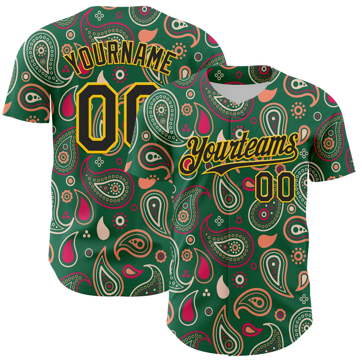 Custom Kelly Green Black-Yellow 3D Pattern Design Burner Costumes Paisley Bandana Authentic Baseball Jersey - Main View