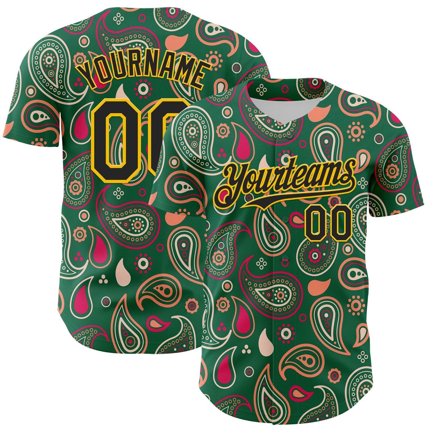 Custom Kelly Green Black-Yellow 3D Pattern Design Burner Costumes Paisley Bandana Authentic Baseball Jersey - Main View