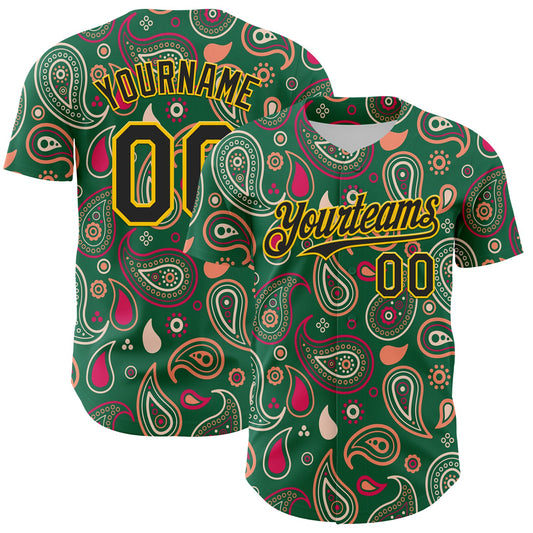Custom Kelly Green Black-Yellow 3D Pattern Design Burner Costumes Paisley Bandana Authentic Baseball Jersey - Main View