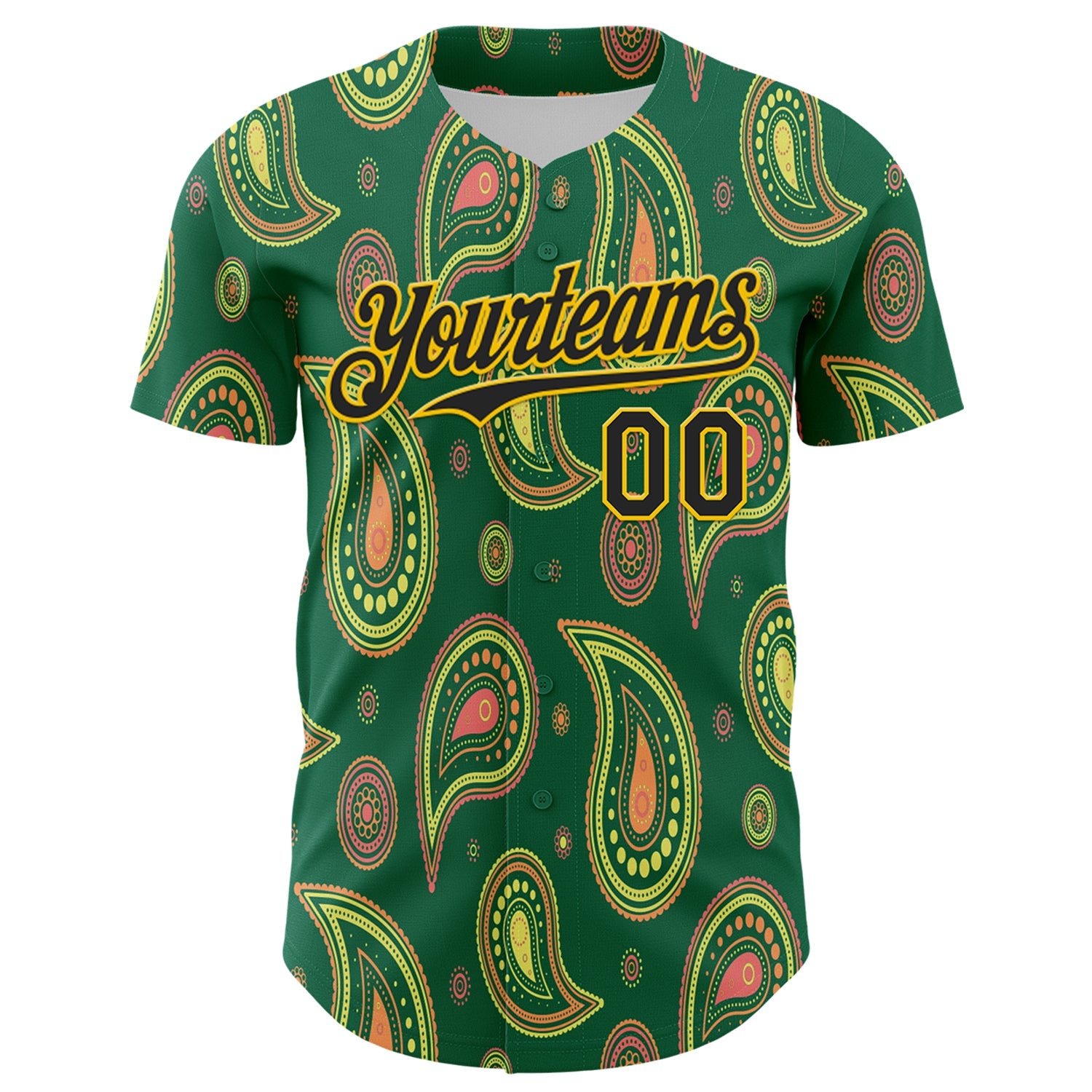 Custom Kelly Green Black-Yellow 3D Pattern Design Burner Costumes Paisley Bandana Authentic Baseball Jersey view 2