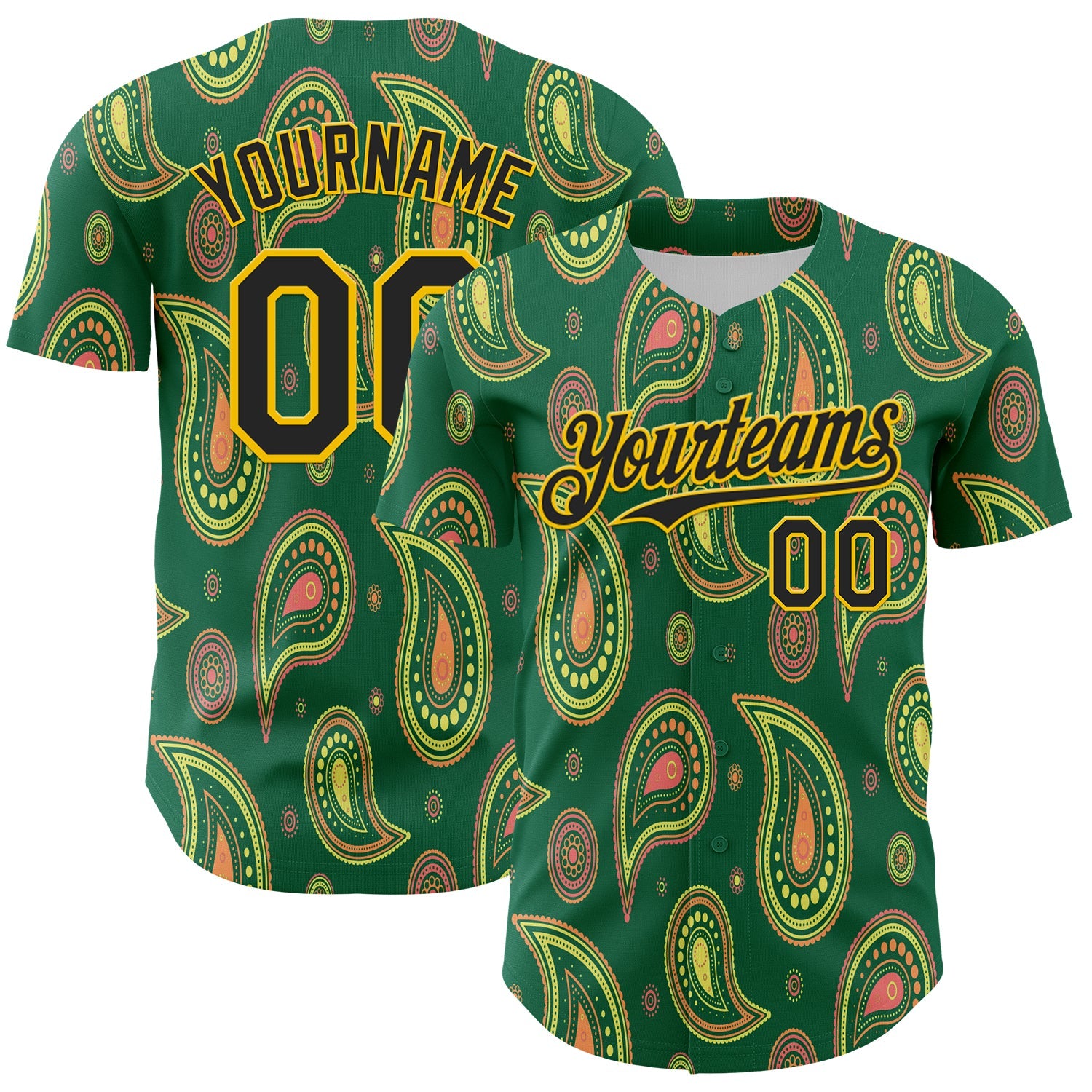 Custom Kelly Green Black-Yellow 3D Pattern Design Burner Costumes Paisley Bandana Authentic Baseball Jersey - Main View