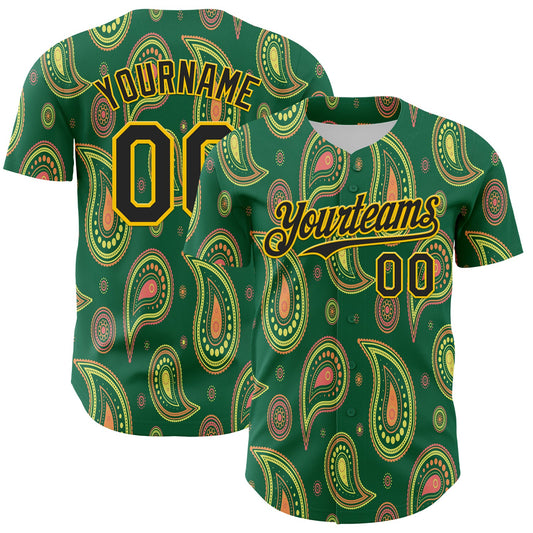 Custom Kelly Green Black-Yellow 3D Pattern Design Burner Costumes Paisley Bandana Authentic Baseball Jersey - Main View