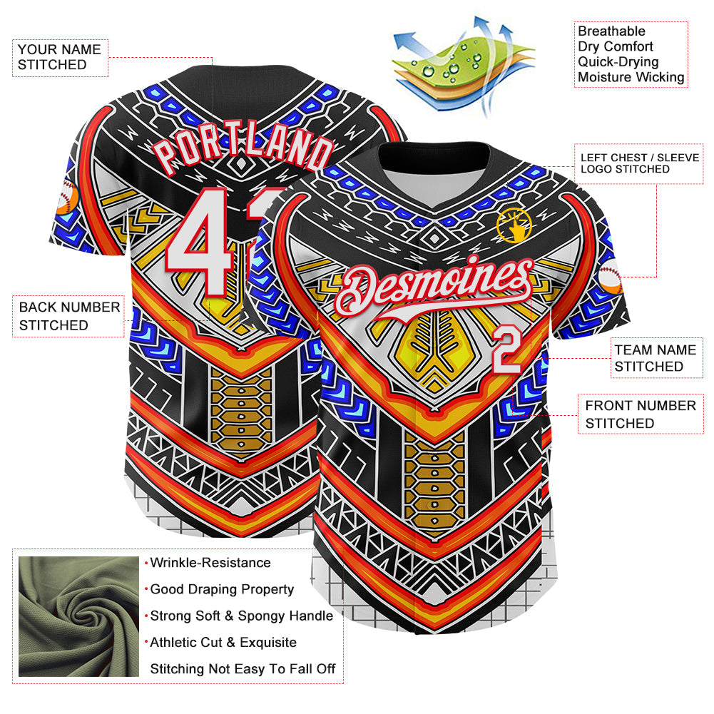Custom Black White-Fire Red 3D Pattern Design Burner Costumes Tribal Authentic Baseball Jersey view 3