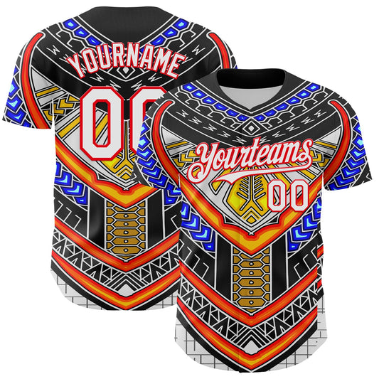 Custom Black White-Fire Red 3D Pattern Design Burner Costumes Tribal Authentic Baseball Jersey - Main View