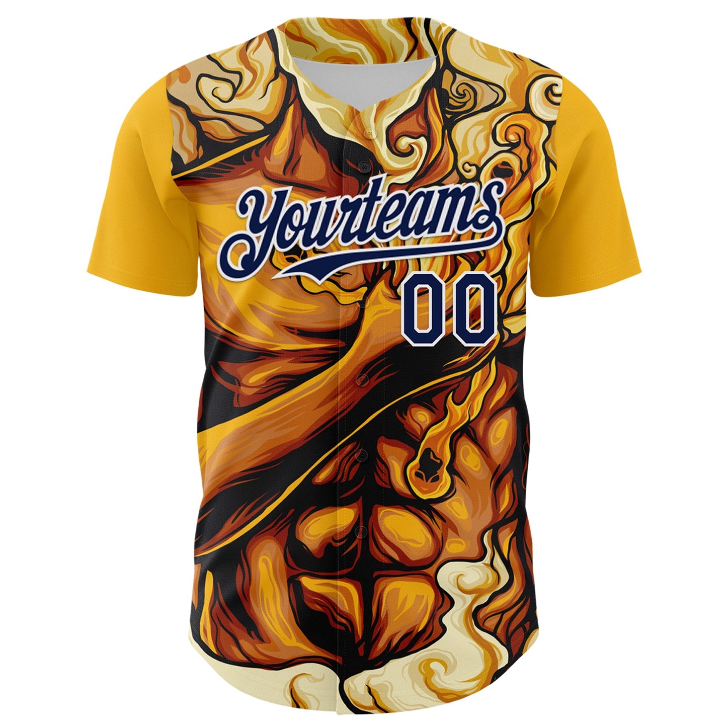 Custom Gold Navy-White 3D Pattern Design Burner Costumes Flame Authentic Baseball Jersey view 2