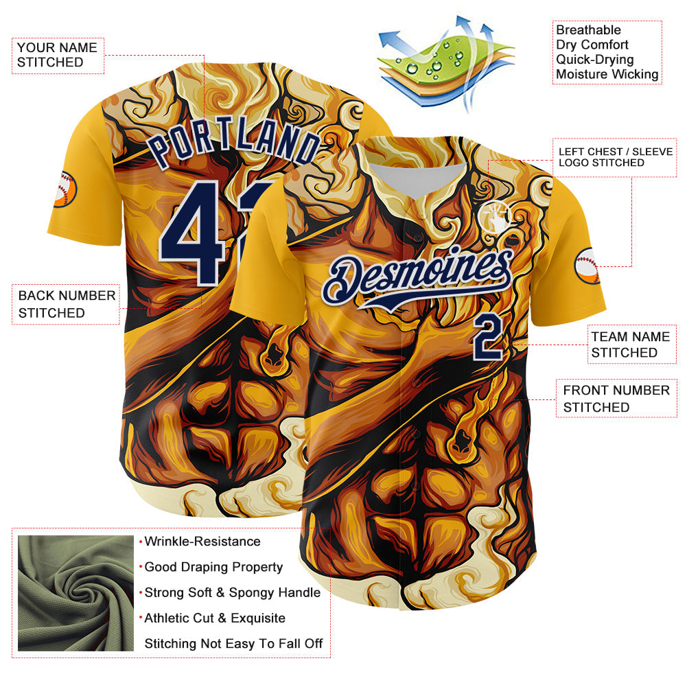 Custom Gold Navy-White 3D Pattern Design Burner Costumes Flame Authentic Baseball Jersey view 3