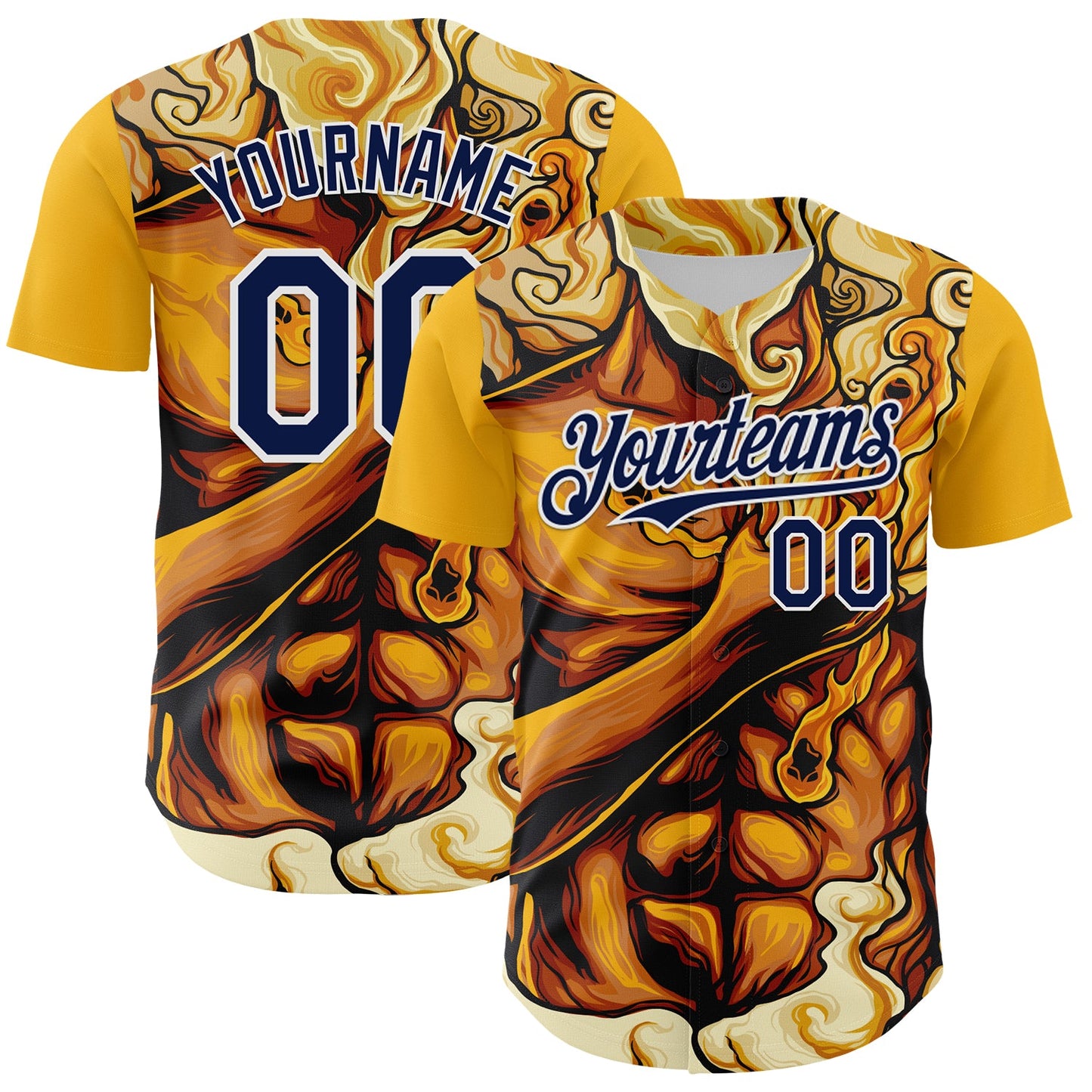 Custom Gold Navy-White 3D Pattern Design Burner Costumes Flame Authentic Baseball Jersey - Main View