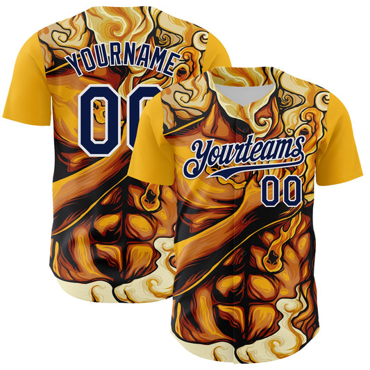 Custom Gold Navy-White 3D Pattern Design Burner Costumes Flame Authentic Baseball Jersey - Main View