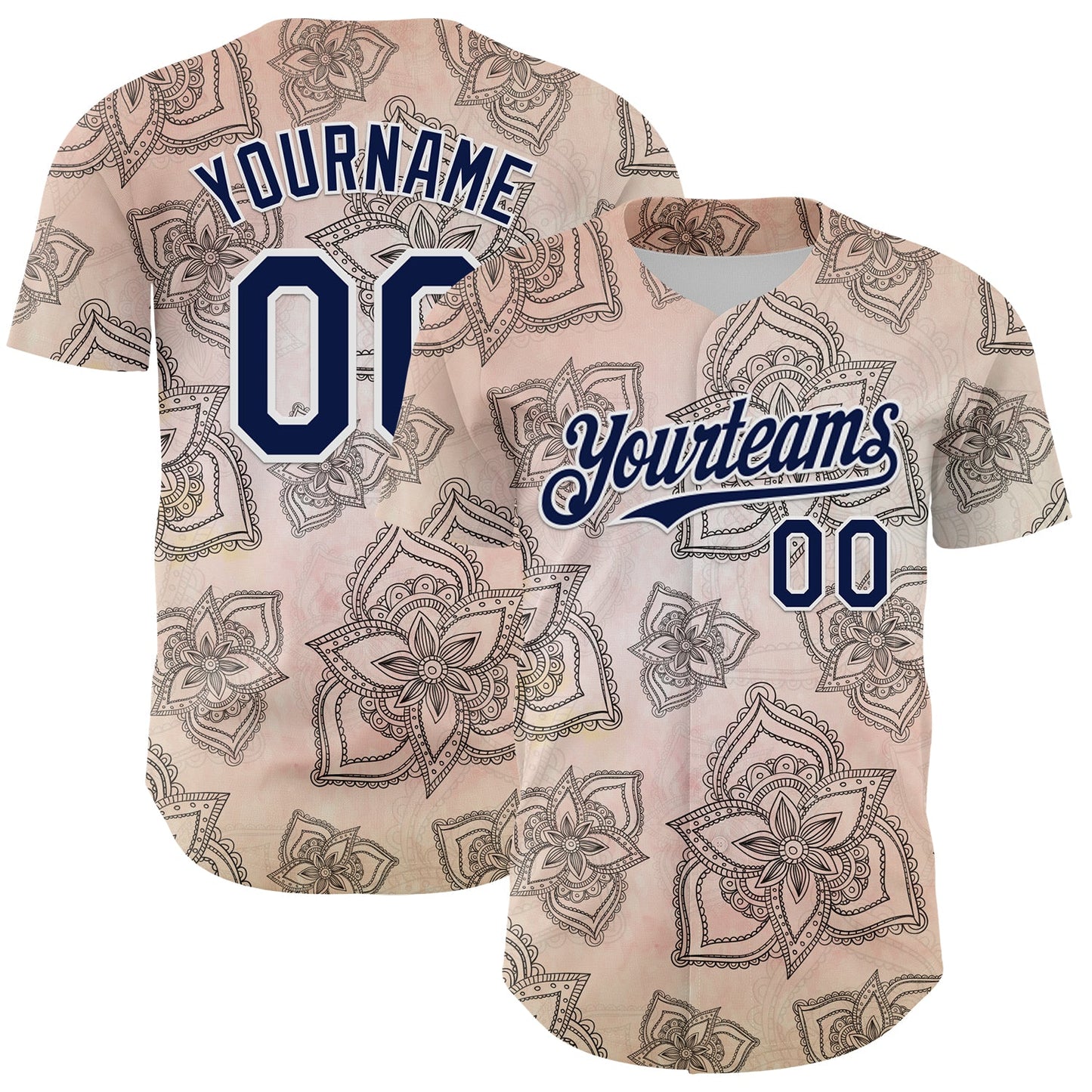 Custom Cream Navy-White 3D Pattern Design Burner Costumes Paisley Bandana Authentic Baseball Jersey - Main View