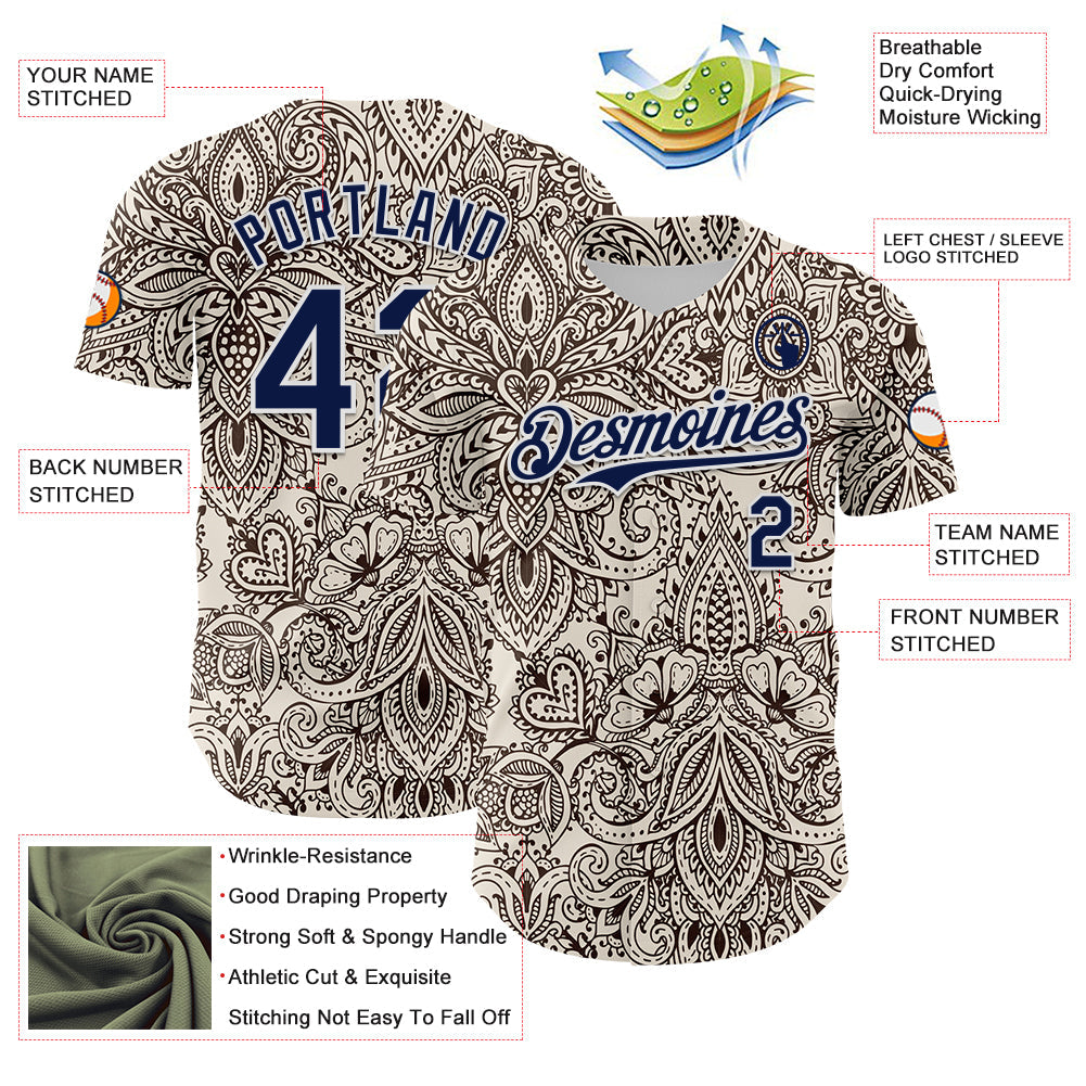 Custom Cream Navy-White 3D Pattern Design Burner Costumes Paisley Bandana Authentic Baseball Jersey view 3