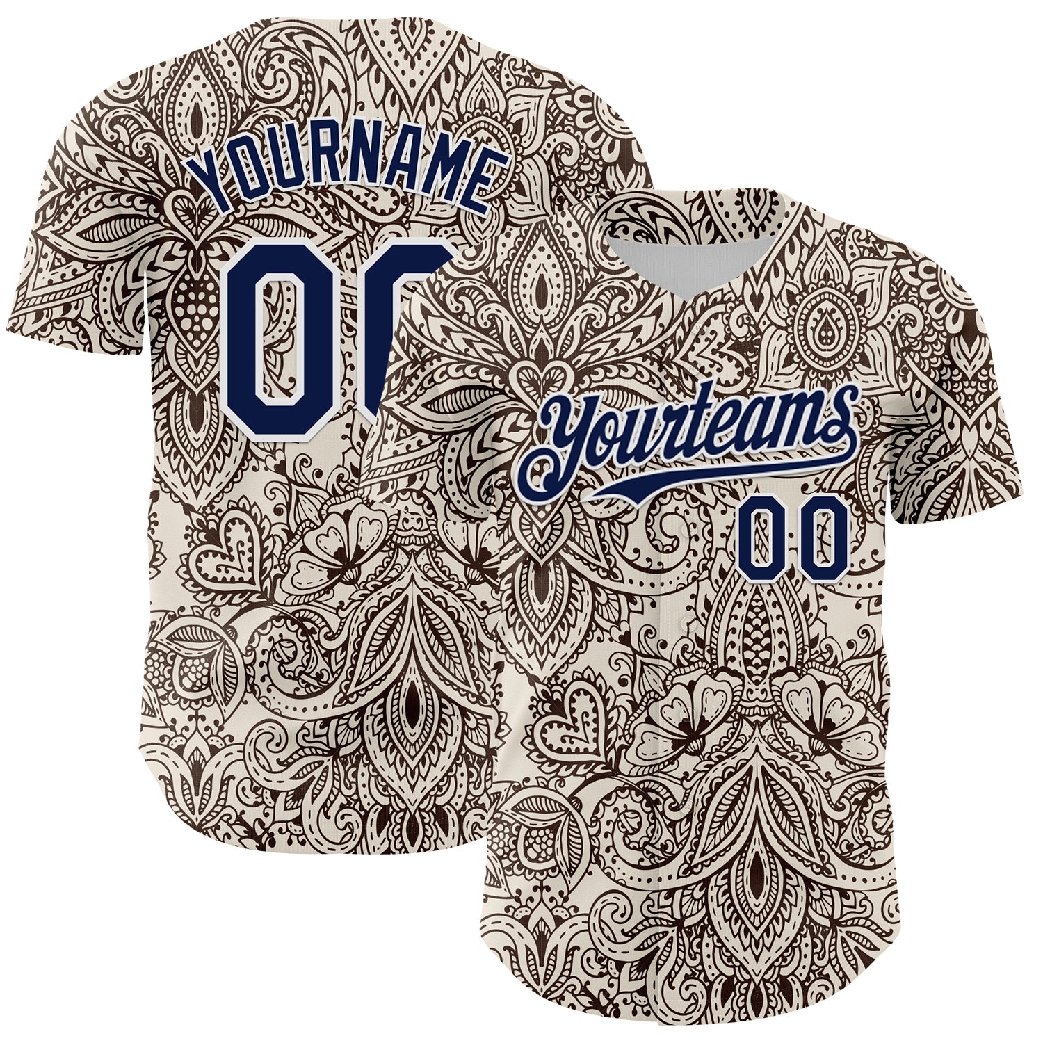 Custom Cream Navy-White 3D Pattern Design Burner Costumes Paisley Bandana Authentic Baseball Jersey - Main View