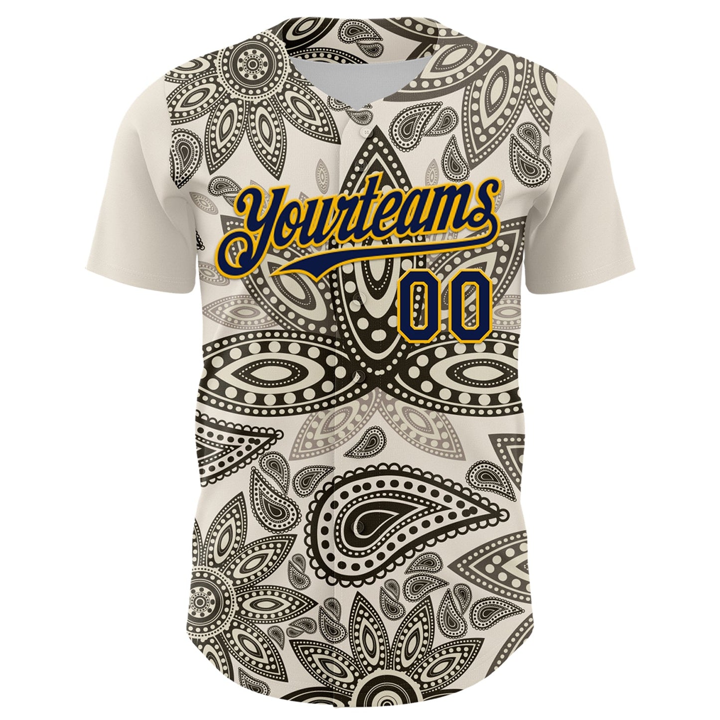 Custom Cream Navy-Yellow 3D Pattern Design Burner Costumes Paisley Bandana Authentic Baseball Jersey view 2