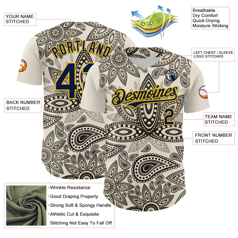 Custom Cream Navy-Yellow 3D Pattern Design Burner Costumes Paisley Bandana Authentic Baseball Jersey view 3