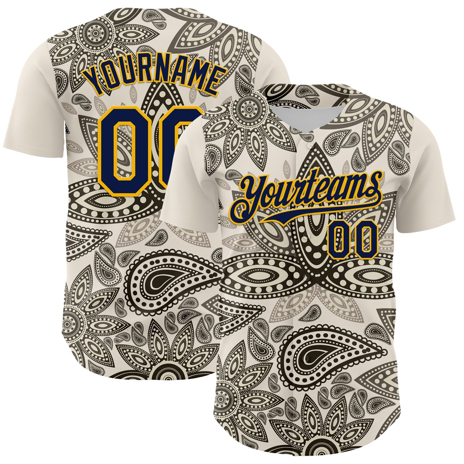 Custom Cream Navy-Yellow 3D Pattern Design Burner Costumes Paisley Bandana Authentic Baseball Jersey - Main View