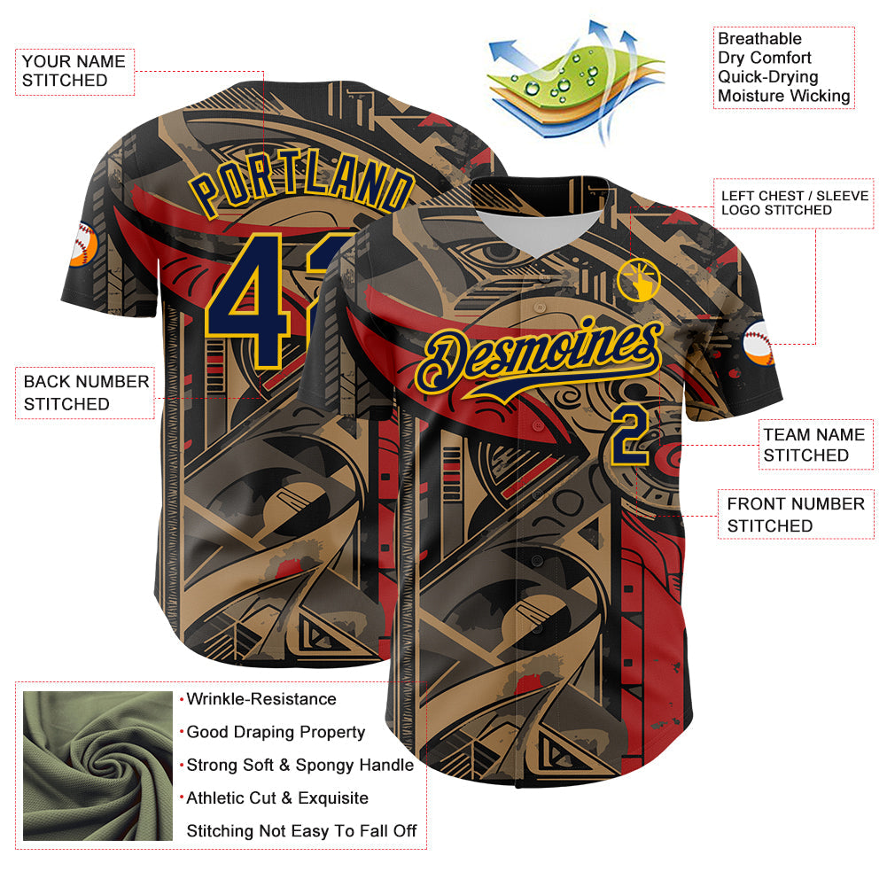 Custom Black Navy-Yellow 3D Pattern Design Burner Costumes Abstract Shape Authentic Baseball Jersey view 3