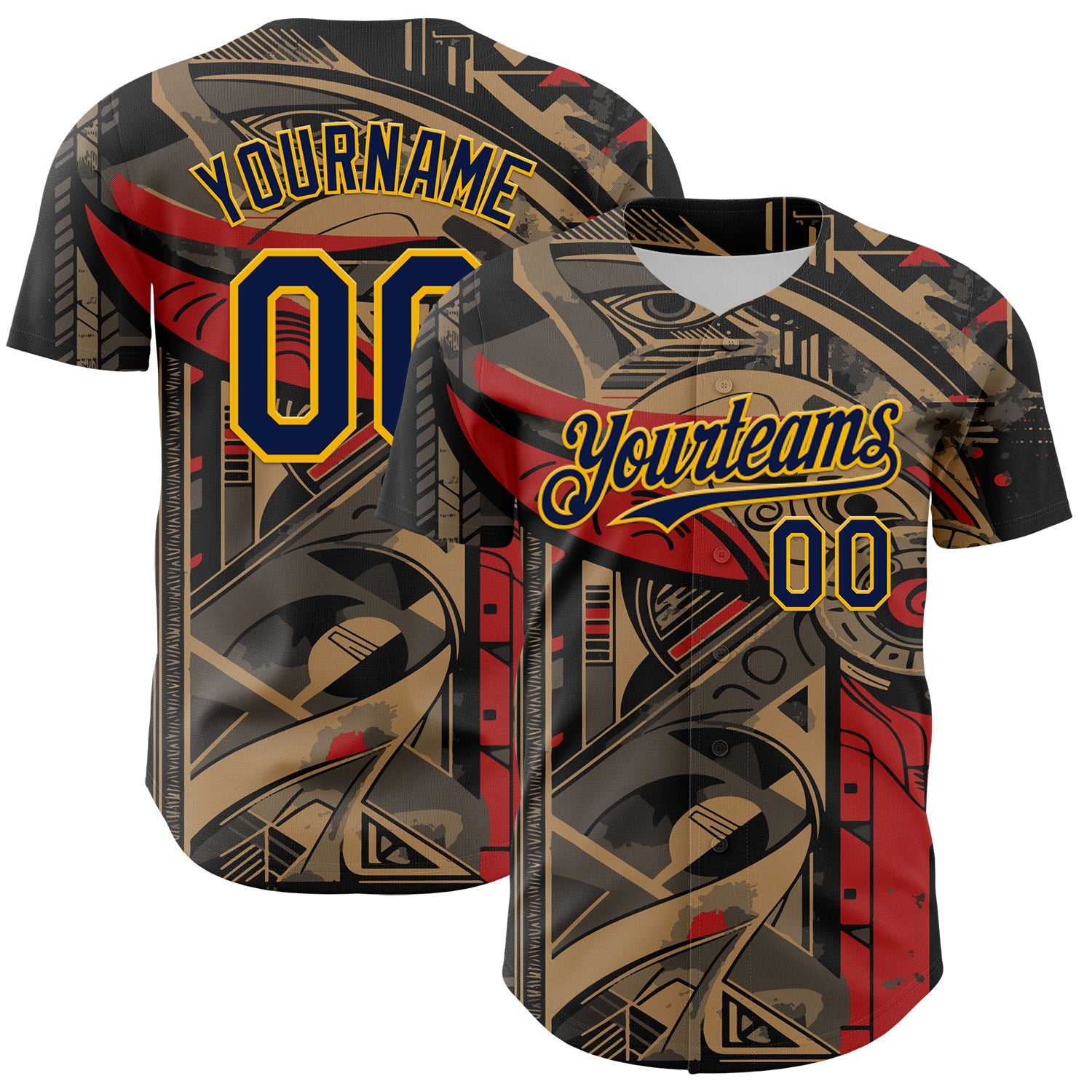 Custom Black Navy-Yellow 3D Pattern Design Burner Costumes Abstract Shape Authentic Baseball Jersey - Main View