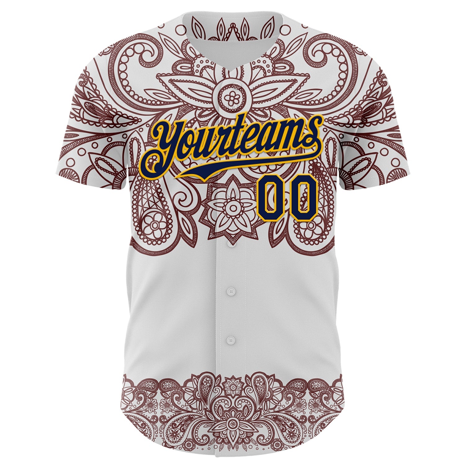 Custom White Navy Red-Yellow 3D Pattern Design Burner Costumes Paisley Bandana Authentic Baseball Jersey view 2