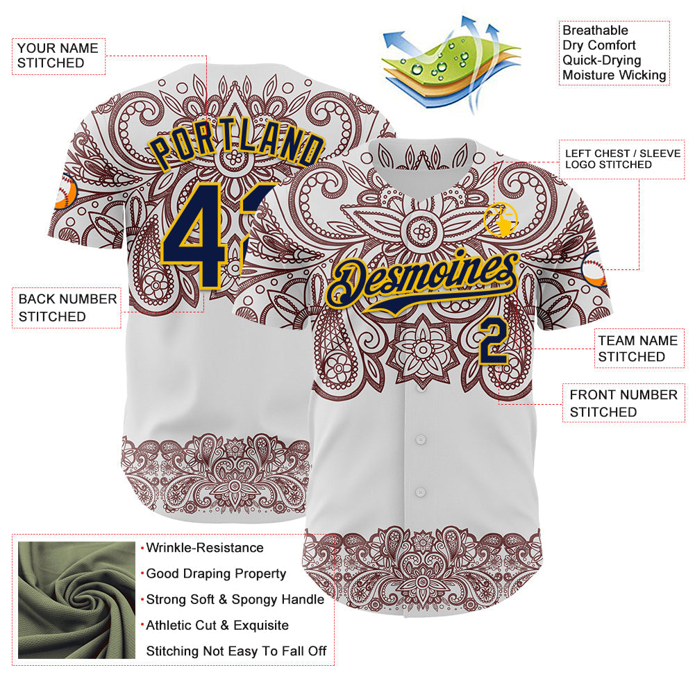 Custom White Navy Red-Yellow 3D Pattern Design Burner Costumes Paisley Bandana Authentic Baseball Jersey view 3