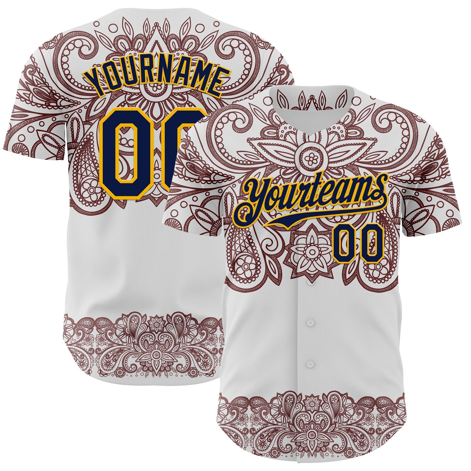 Custom White Navy Red-Yellow 3D Pattern Design Burner Costumes Paisley Bandana Authentic Baseball Jersey - Main View