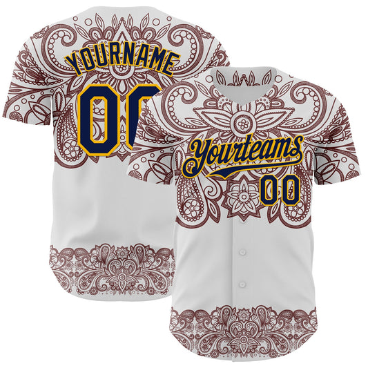 Custom White Navy Red-Yellow 3D Pattern Design Burner Costumes Paisley Bandana Authentic Baseball Jersey - Main View