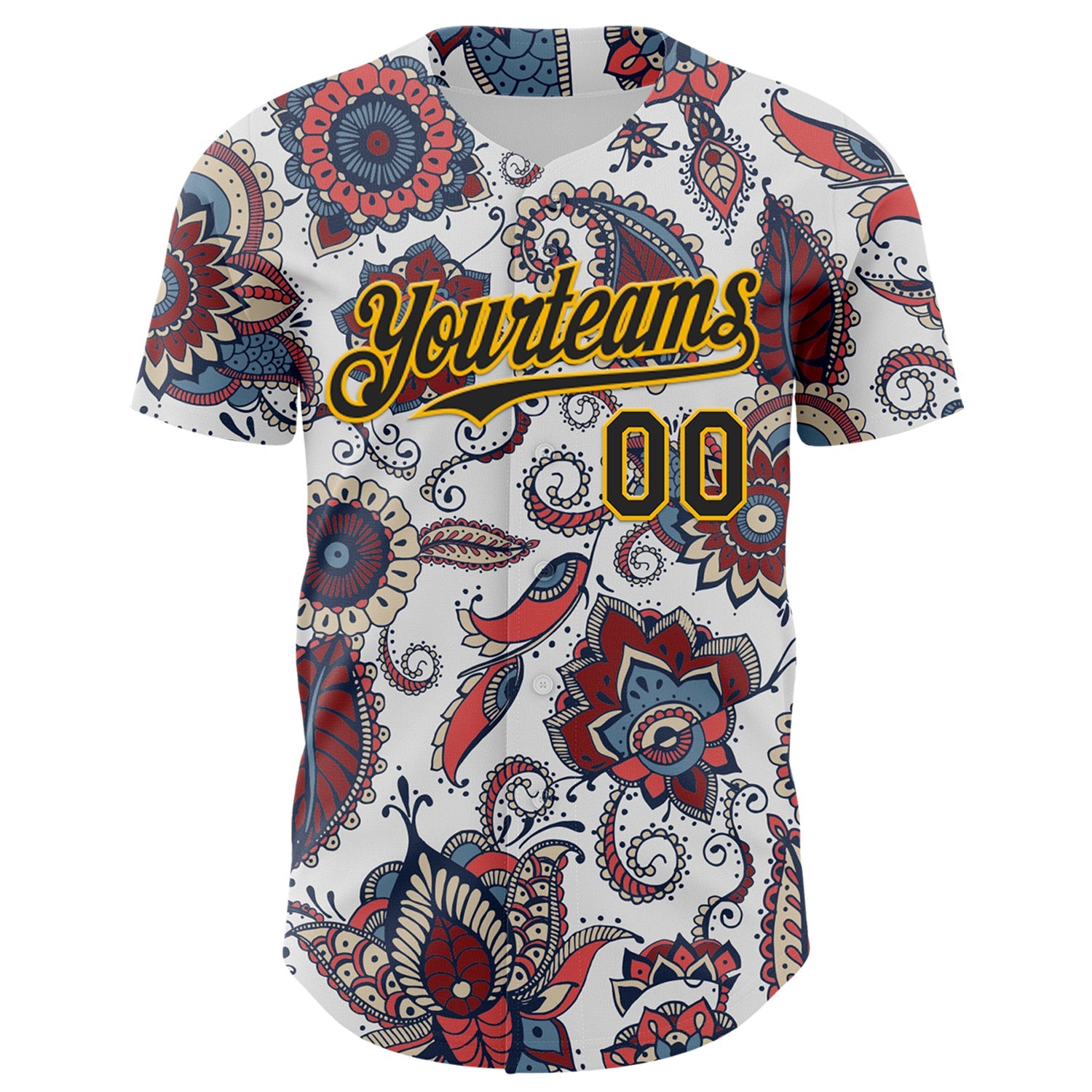 Custom White Black-Yellow 3D Pattern Design Burner Costumes Paisley Bandana Authentic Baseball Jersey view 2