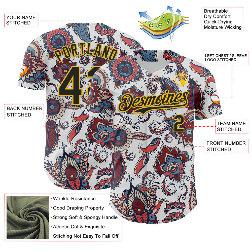 Custom White Black-Yellow 3D Pattern Design Burner Costumes Paisley Bandana Authentic Baseball Jersey view 3