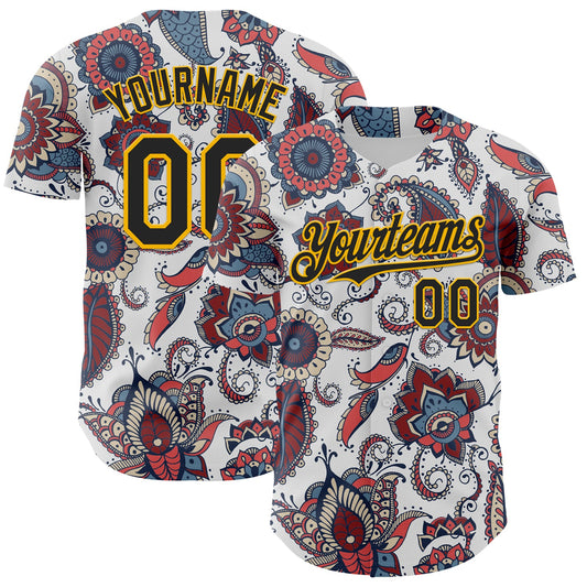 Custom White Black-Yellow 3D Pattern Design Burner Costumes Paisley Bandana Authentic Baseball Jersey - Main View