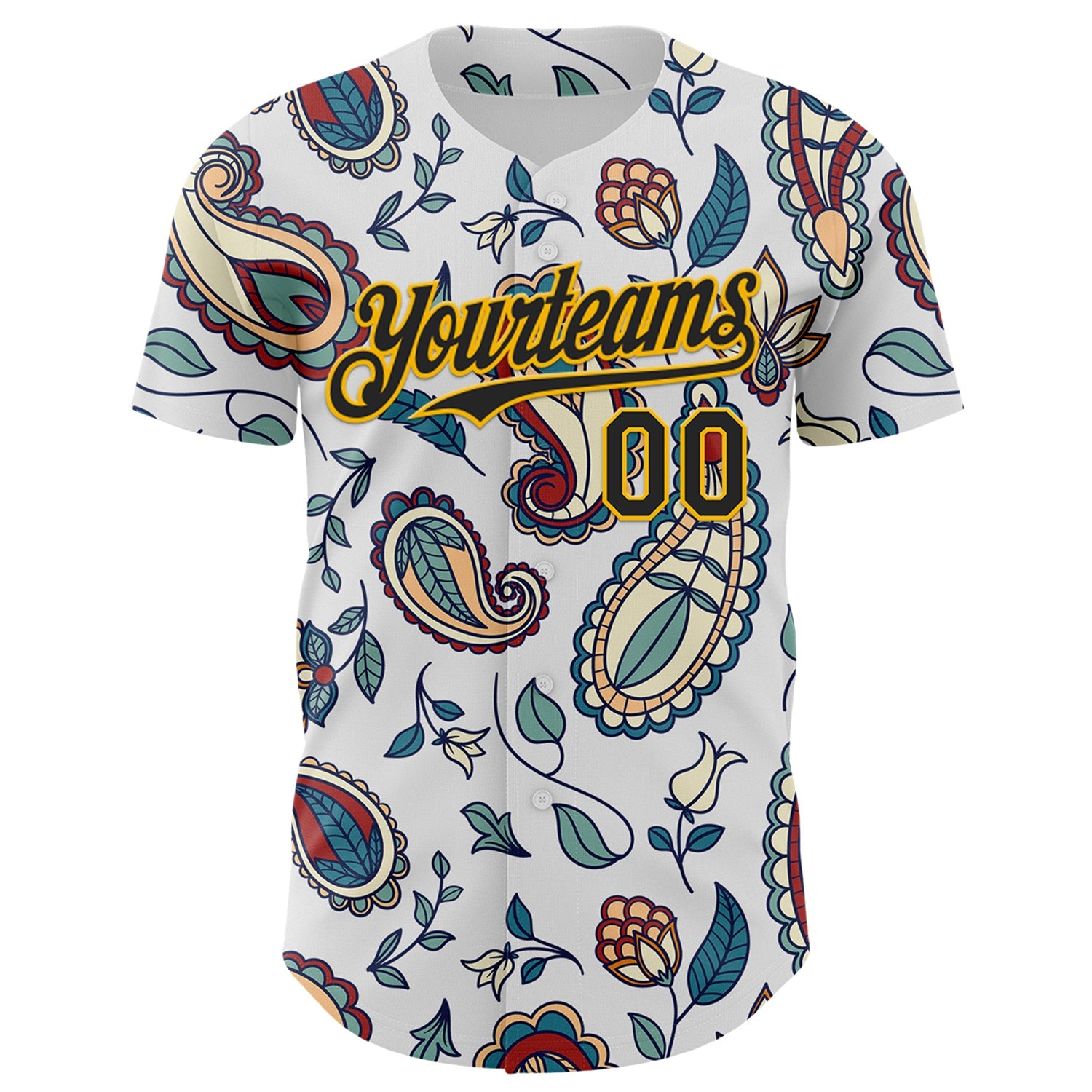 Custom White Black-Yellow 3D Pattern Design Burner Costumes Paisley Bandana Authentic Baseball Jersey view 2