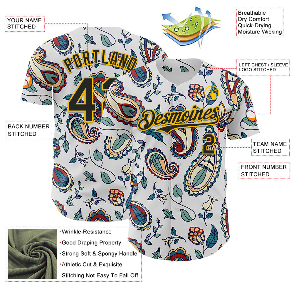 Custom White Black-Yellow 3D Pattern Design Burner Costumes Paisley Bandana Authentic Baseball Jersey view 3