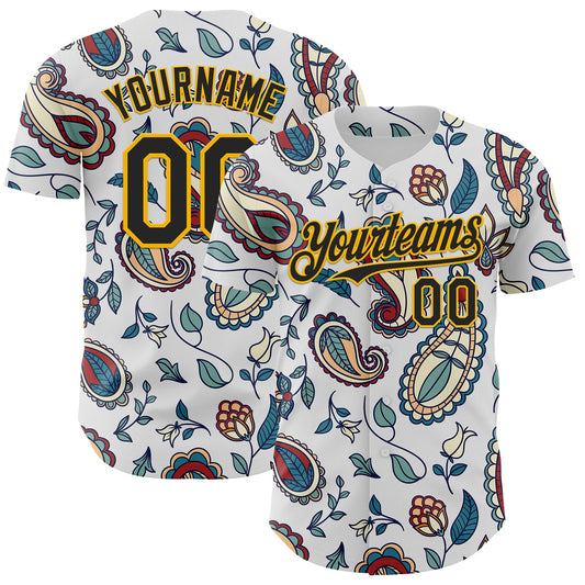 Custom White Black-Yellow 3D Pattern Design Burner Costumes Paisley Bandana Authentic Baseball Jersey - Main View