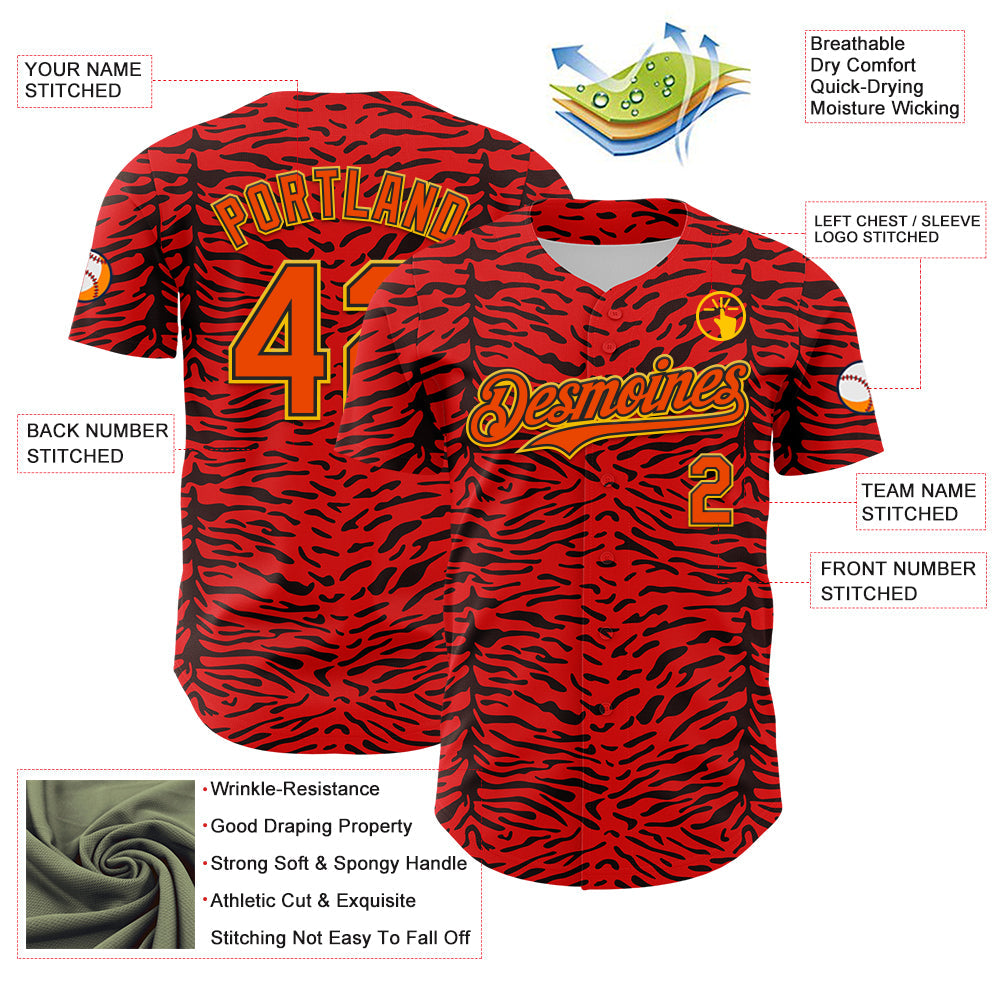 Custom Red Orange Black-Yellow 3D Pattern Design Burner Costumes Animal Tiger Print Authentic Baseball Jersey view 3