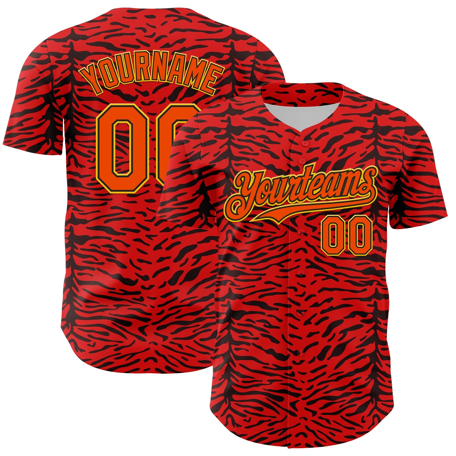 Custom Red Orange Black-Yellow 3D Pattern Design Burner Costumes Animal Tiger Print Authentic Baseball Jersey - Main View