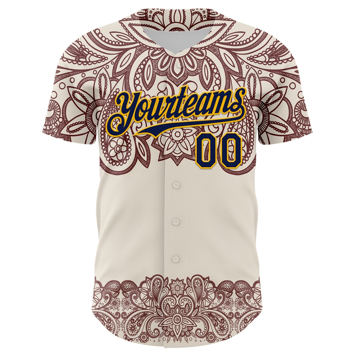 Custom Cream Navy Red-Yellow 3D Pattern Design Burner Costumes Paisley Bandana Authentic Baseball Jersey view 2