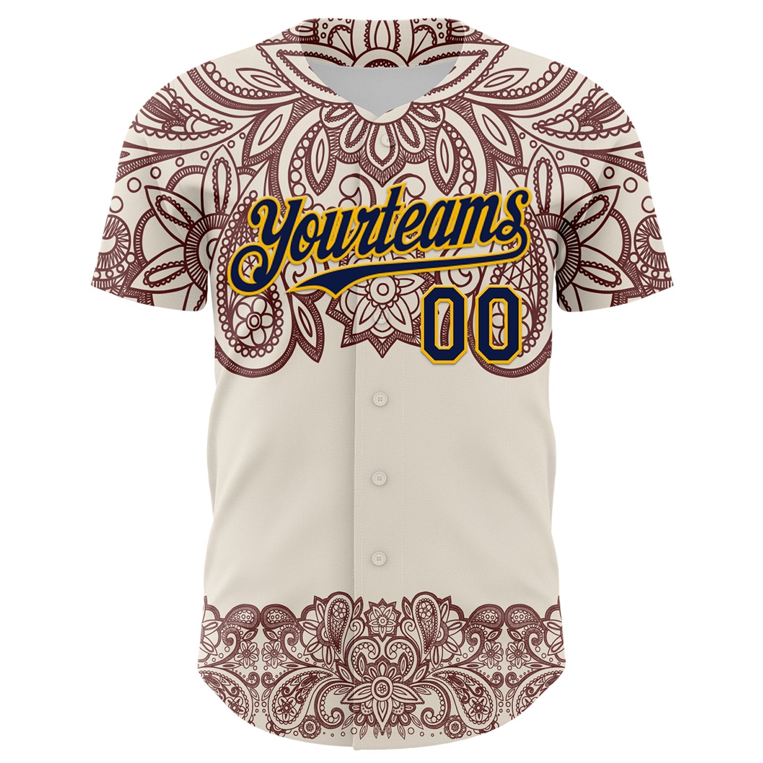 Custom Cream Navy Red-Yellow 3D Pattern Design Burner Costumes Paisley Bandana Authentic Baseball Jersey view 2