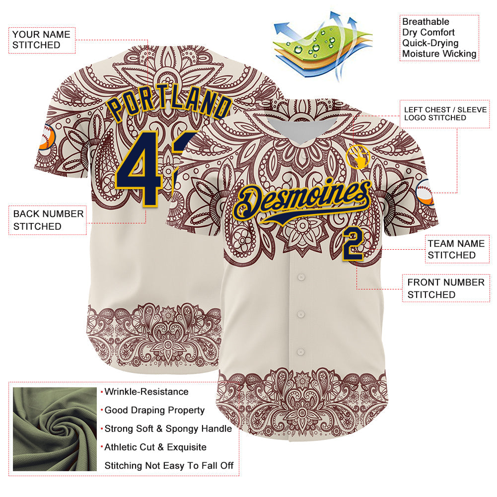 Custom Cream Navy Red-Yellow 3D Pattern Design Burner Costumes Paisley Bandana Authentic Baseball Jersey view 3