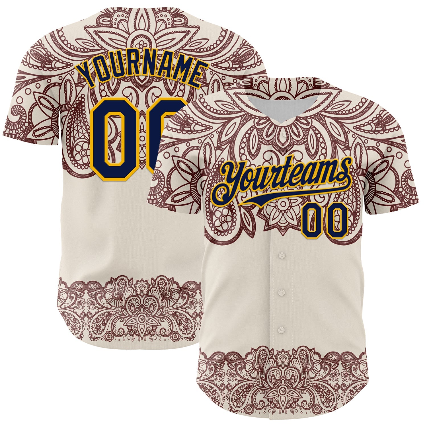 Custom Cream Navy Red-Yellow 3D Pattern Design Burner Costumes Paisley Bandana Authentic Baseball Jersey - Main View