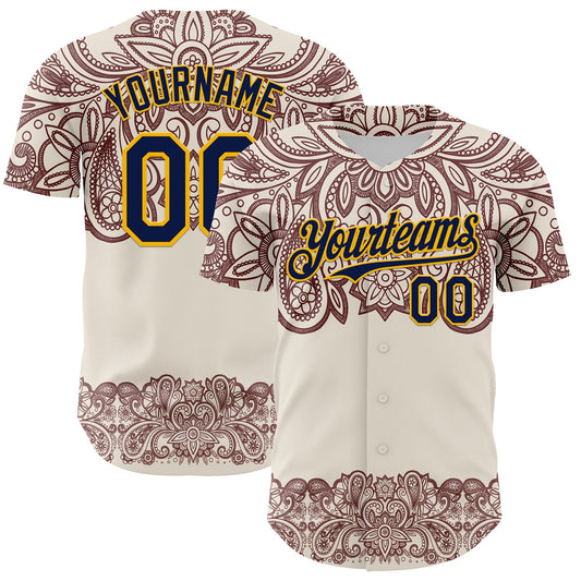 Custom Cream Navy Red-Yellow 3D Pattern Design Burner Costumes Paisley Bandana Authentic Baseball Jersey - Main View