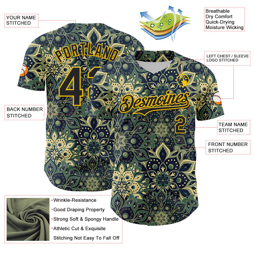Custom Green Black-Yellow 3D Pattern Design Burner Costumes Paisley Bandana Authentic Baseball Jersey view 3