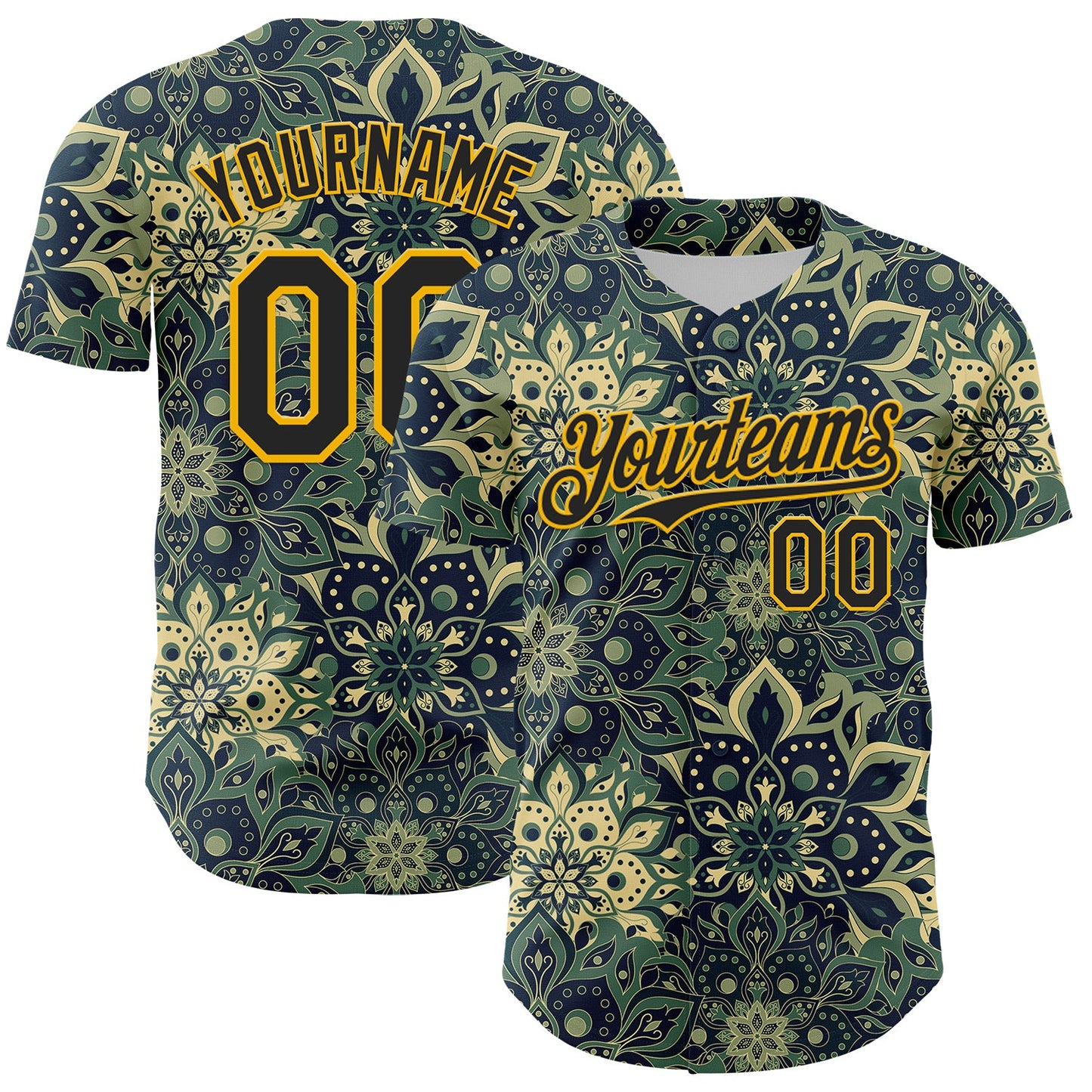 Custom Green Black-Yellow 3D Pattern Design Burner Costumes Paisley Bandana Authentic Baseball Jersey - Main View