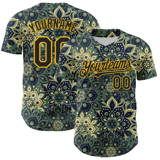 Custom Green Black-Yellow 3D Pattern Design Burner Costumes Paisley Bandana Authentic Baseball Jersey - Main View