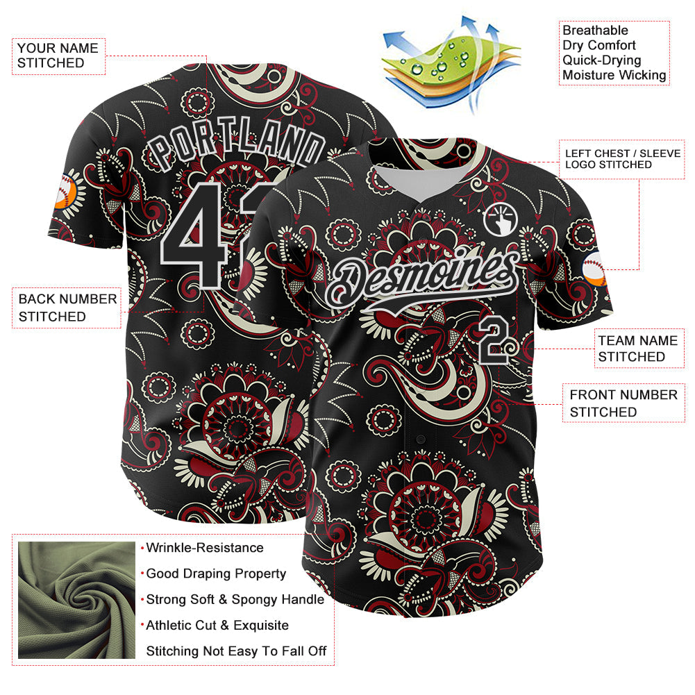 Custom Black White 3D Pattern Design Burner Costumes Paisley Bandana Authentic Baseball Jersey view 3