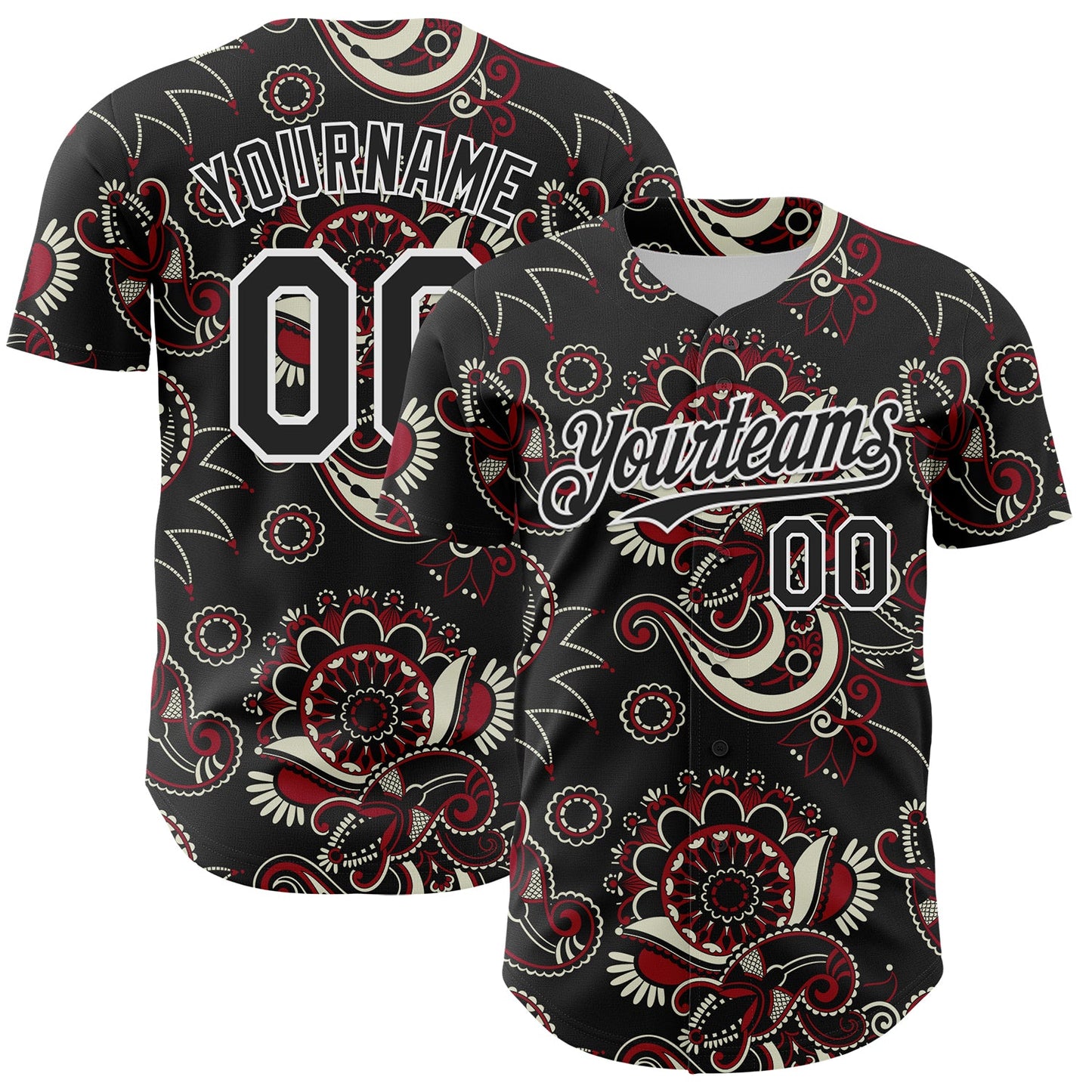 Custom Black White 3D Pattern Design Burner Costumes Paisley Bandana Authentic Baseball Jersey - Main View