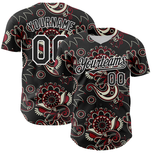 Custom Black White 3D Pattern Design Burner Costumes Paisley Bandana Authentic Baseball Jersey - Main View
