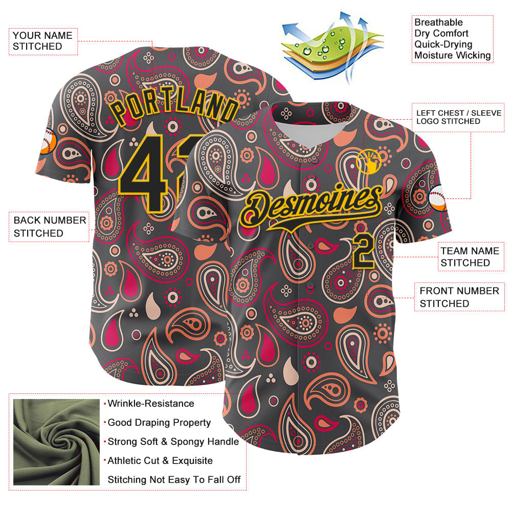Custom Steel Gray Black-Yellow 3D Pattern Design Burner Costumes Paisley Bandana Authentic Baseball Jersey view 3