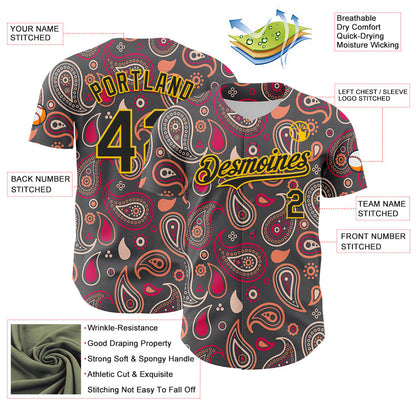 Custom Steel Gray Black-Yellow 3D Pattern Design Burner Costumes Paisley Bandana Authentic Baseball Jersey view 3
