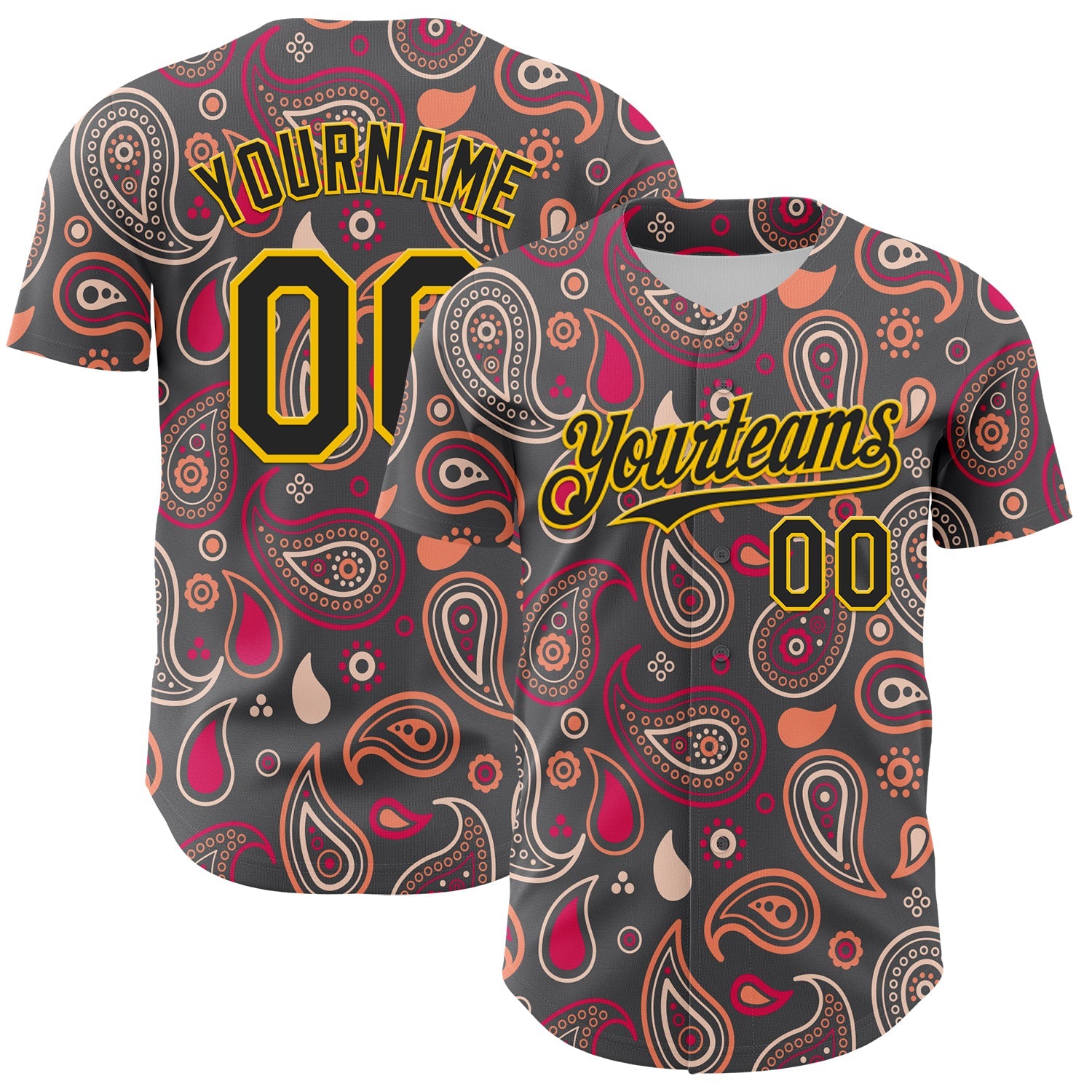 Custom Steel Gray Black-Yellow 3D Pattern Design Burner Costumes Paisley Bandana Authentic Baseball Jersey - Main View